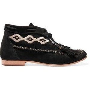 Soludos Black Suede Embroidered Moccasin Tassel Ankle Booties